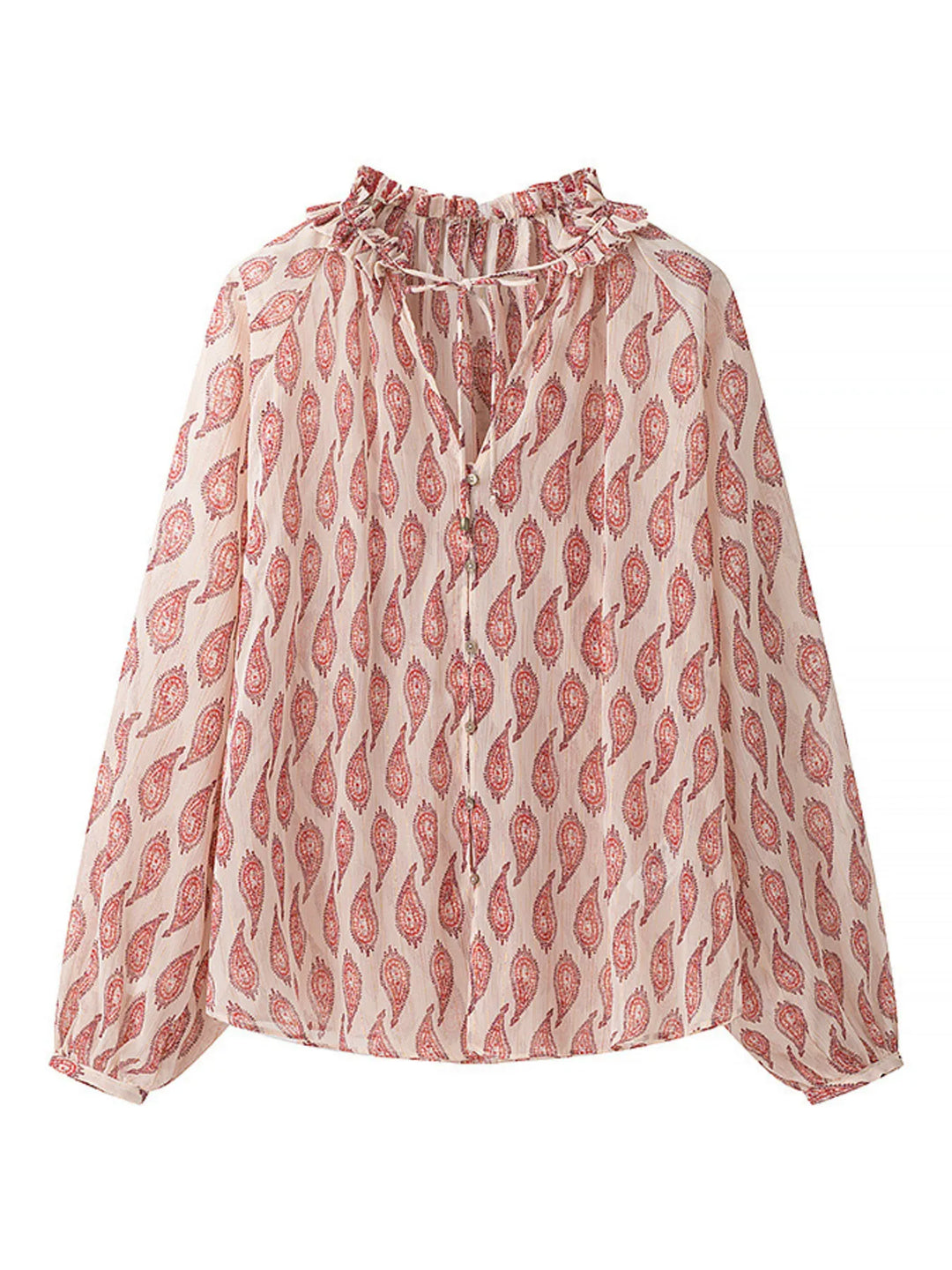 Paisley Print Frill Tie Neck Long Sleeve Blouse