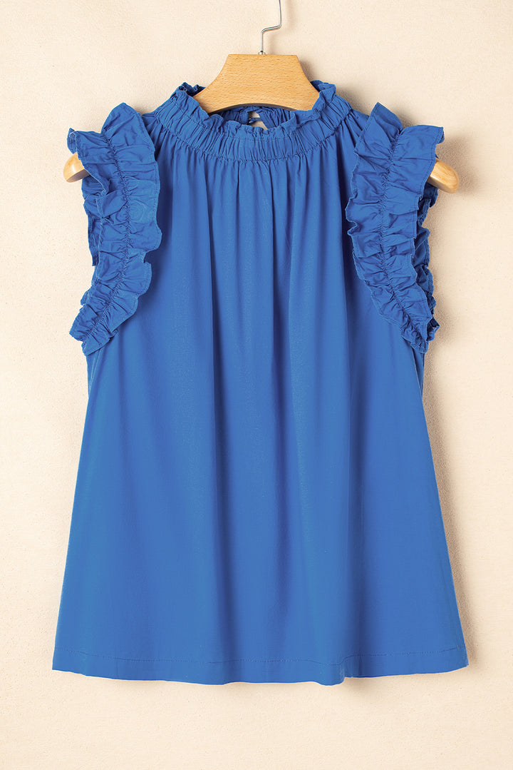 Sky Blue Frilled Neck Ruffled Armholes Buttoned Back Tank Top