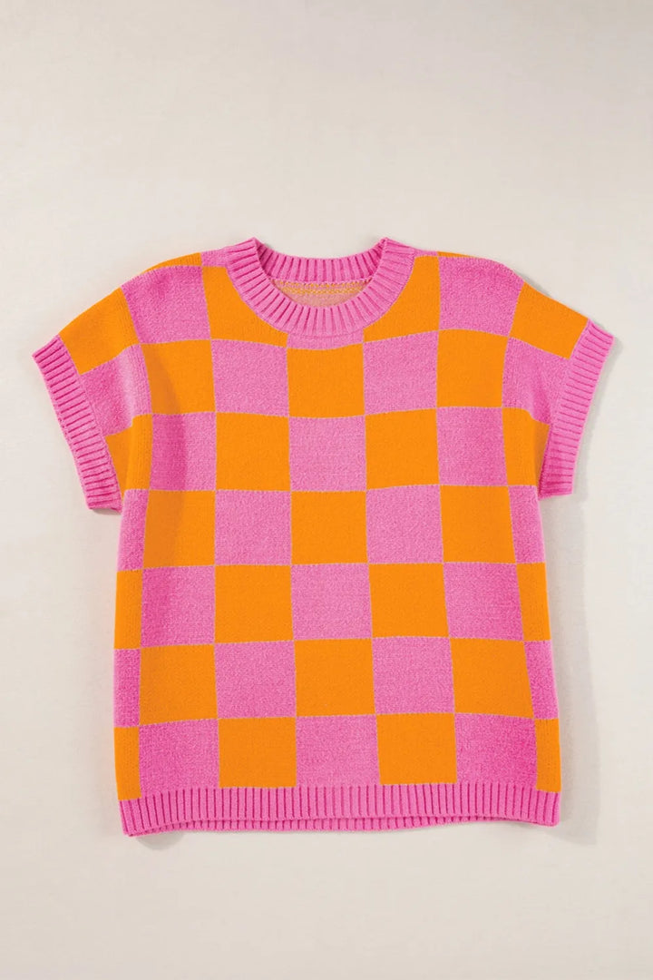 Checkered Round Neck Short Sleeve Sweater