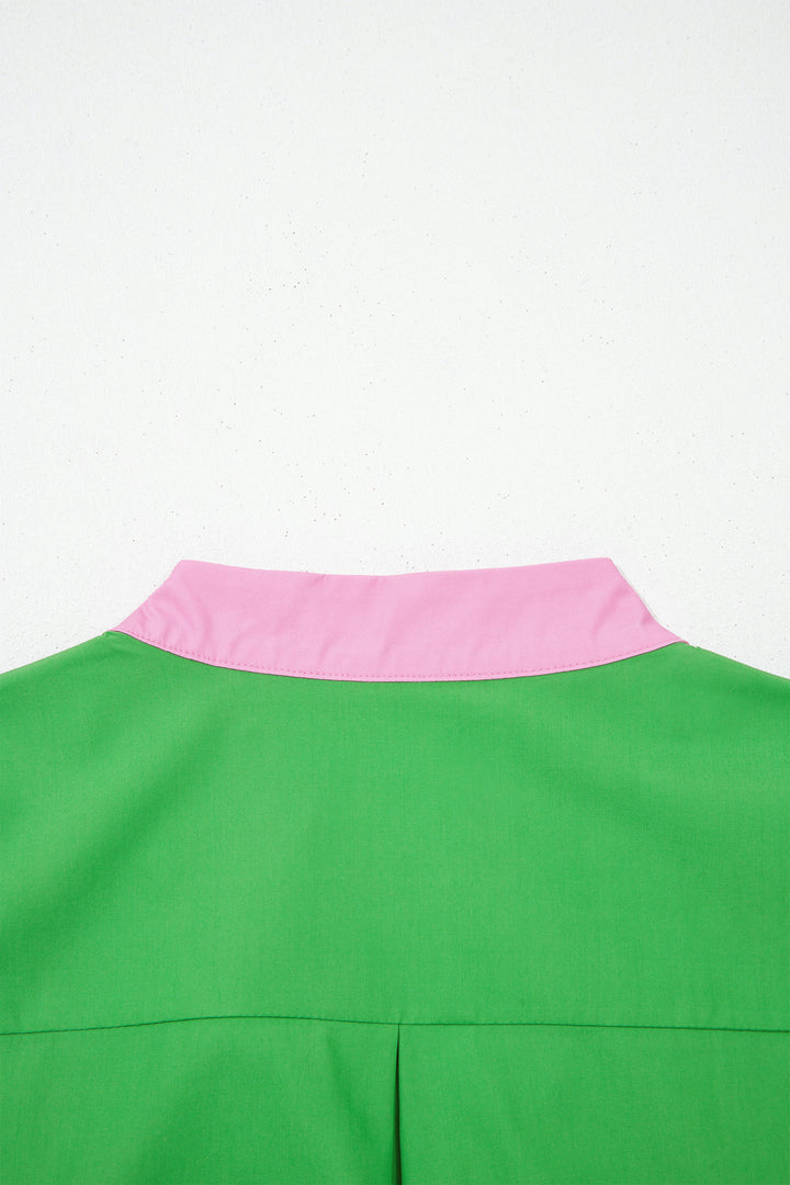Bright Green Color Block Detail Split Neck Short Puff Sleeve Ruffle Hem Mini Dress