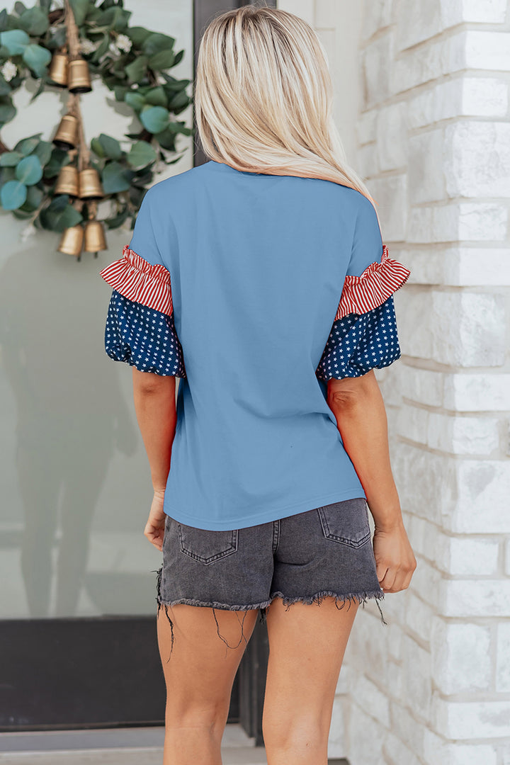 Beau Blue USA Chenille Lettering Stars and Stripes Patchwork Sleeve Top