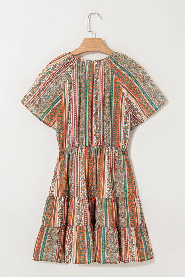 Bohemian Floral Print Buttoned V Neck Ruffle Tiered Dress