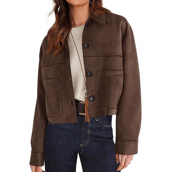 European And American Style Women Faux Suede Short Jacket Casual Lightweight Autumn Fashion
