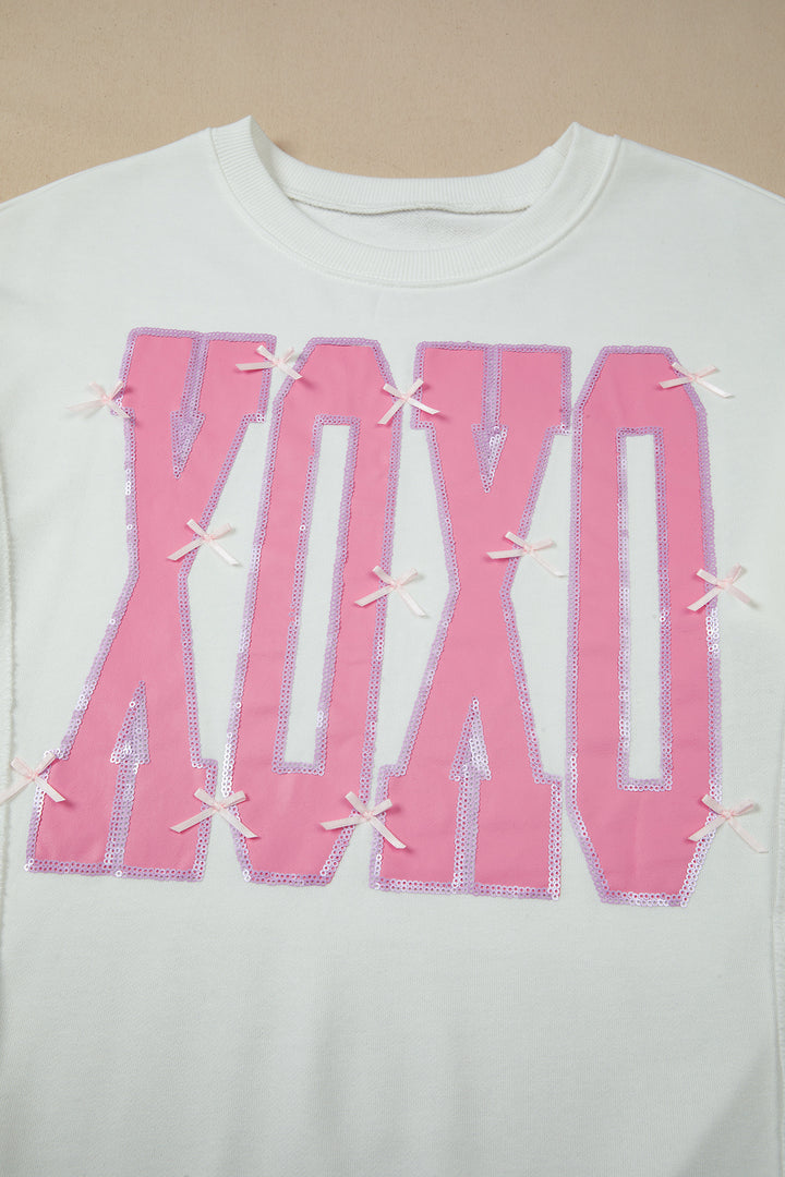 White Bow Sequin XOXO Letter Graphic Exposed Seam Baggy Sweatshirt