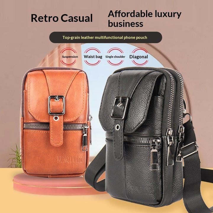 Genuine Leather Belt-Attached Multifunctional Phone Bag Mens Waist Bag