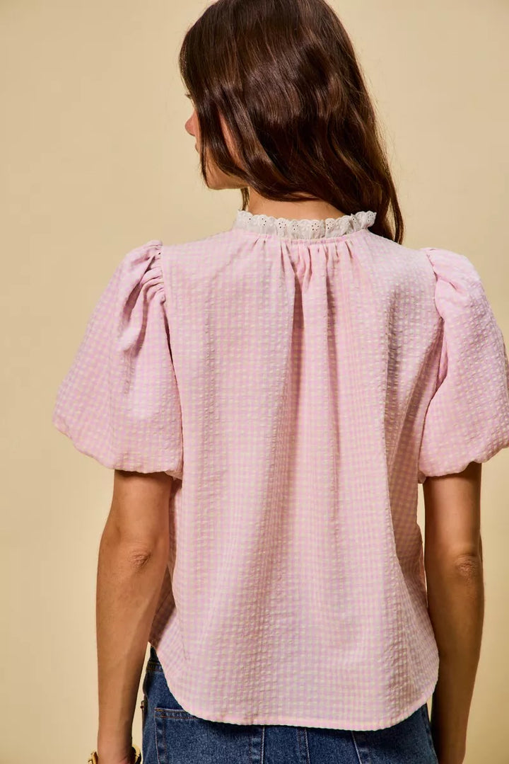SO ME Gingham Lace Trim Button Bubble Sleeves Blouse