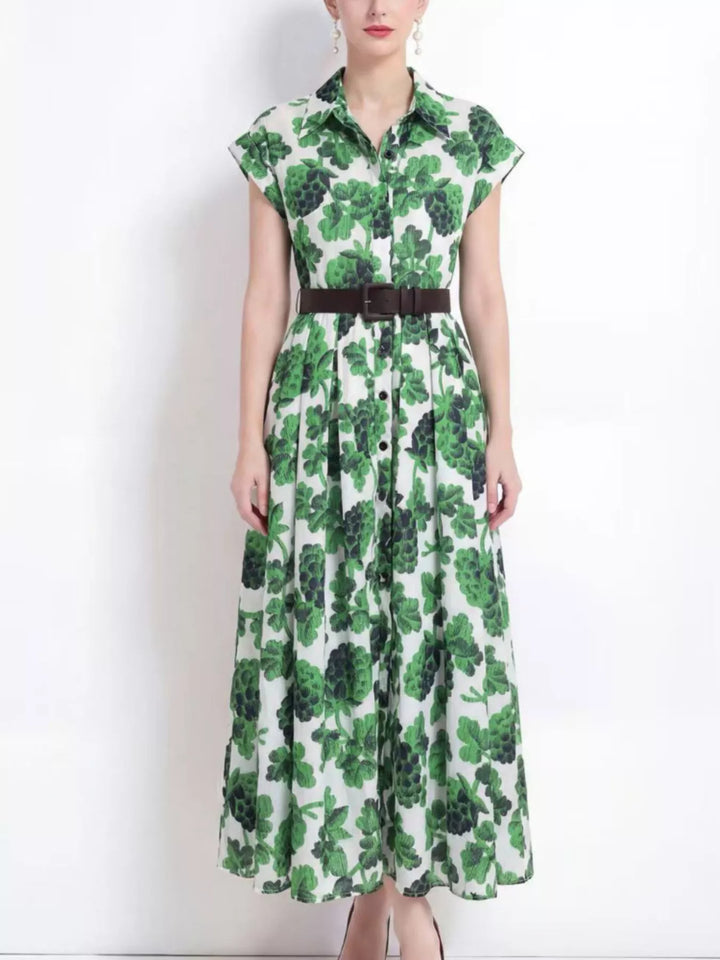 Printed Button Front Cap Sleeve Dress