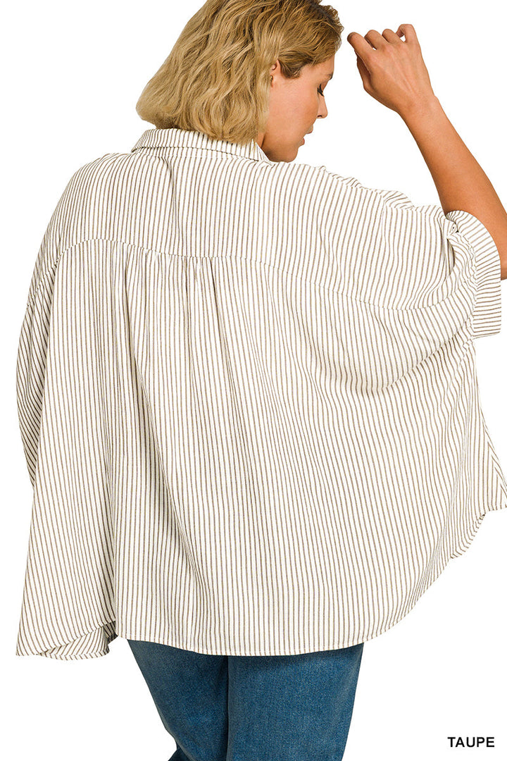 Zenana Full Size Woven Stripe Button Down Boxy Shirt Plus Size