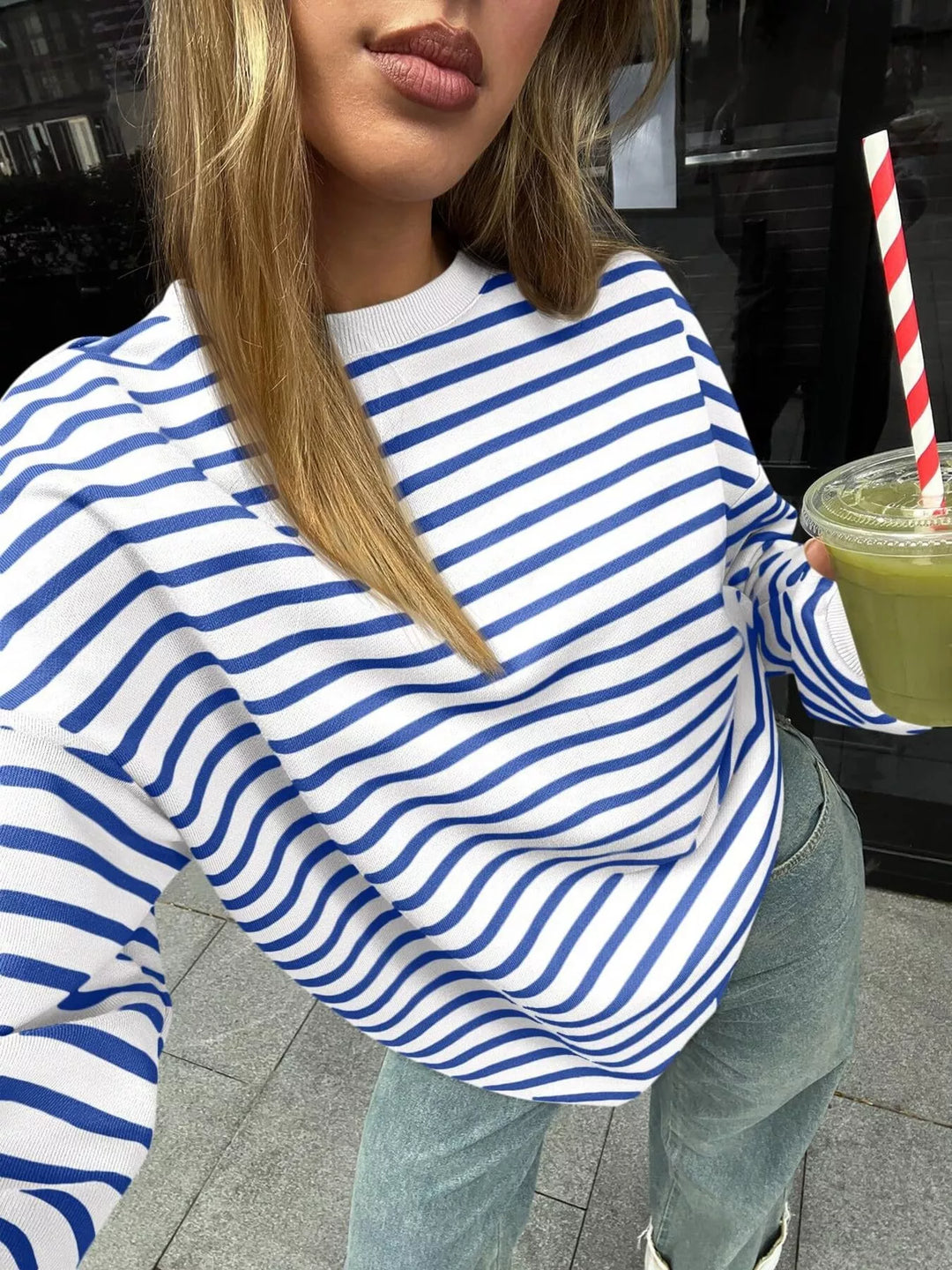 Striped Round Neck Oversized Casual Sweatshirt