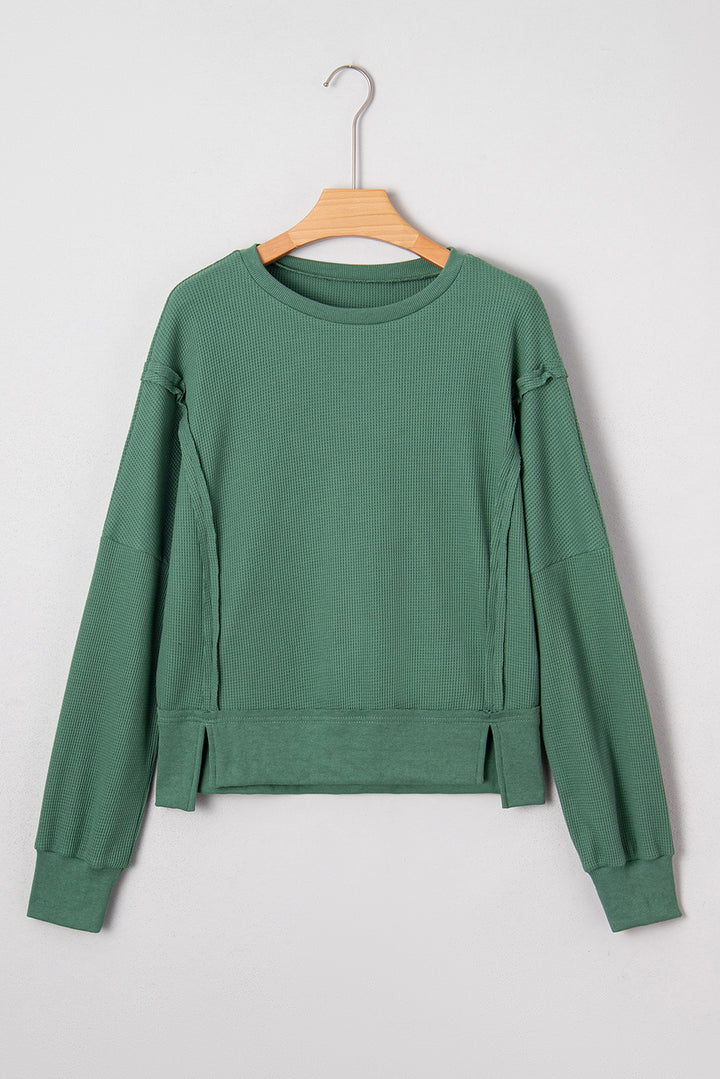 Evergreen Solid Color Raw Seam Patchwork Ribbed Drop Shoulder Sweatshirt