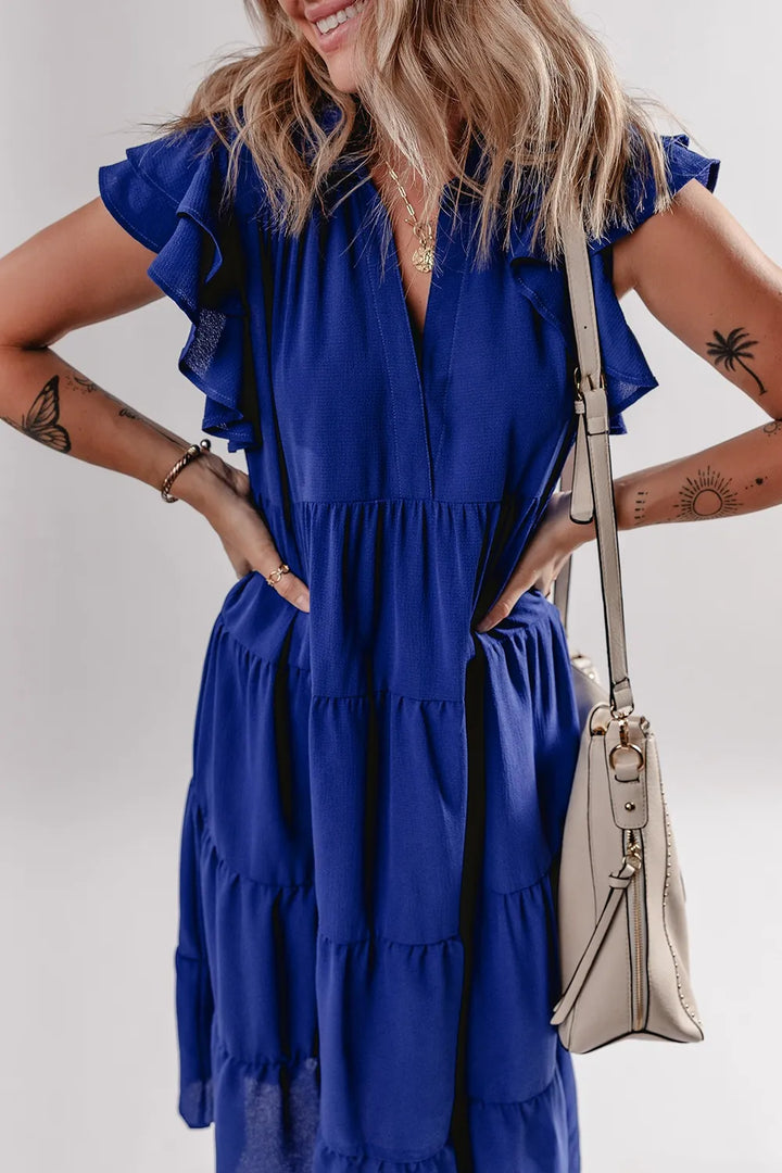 Ruffled Short Sleeve Collared V Neck Tiered Midi Dress