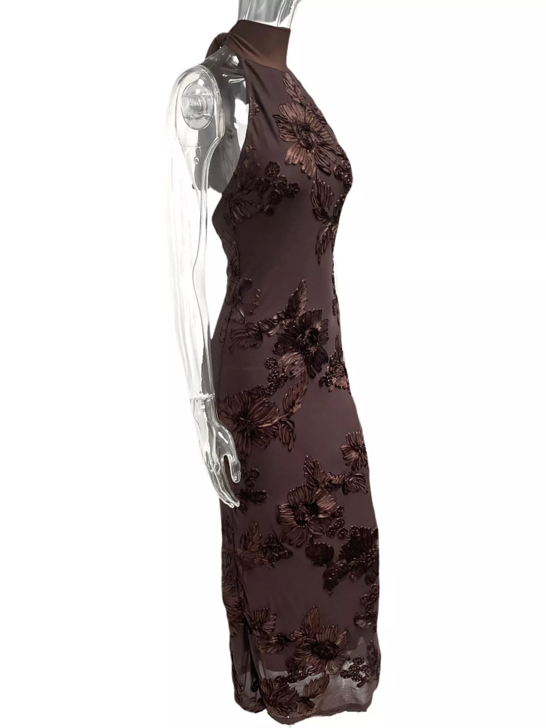 Floral Applique Halter Neck Maxi Dress