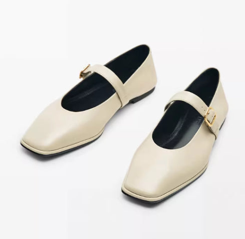 Genuine Leather Square-toe Flat Shoes For Women With Shallow Mouth And Single Strap