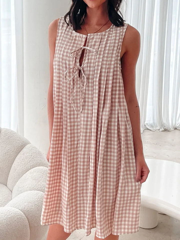Tied Front Sleeveless Plaid Dress