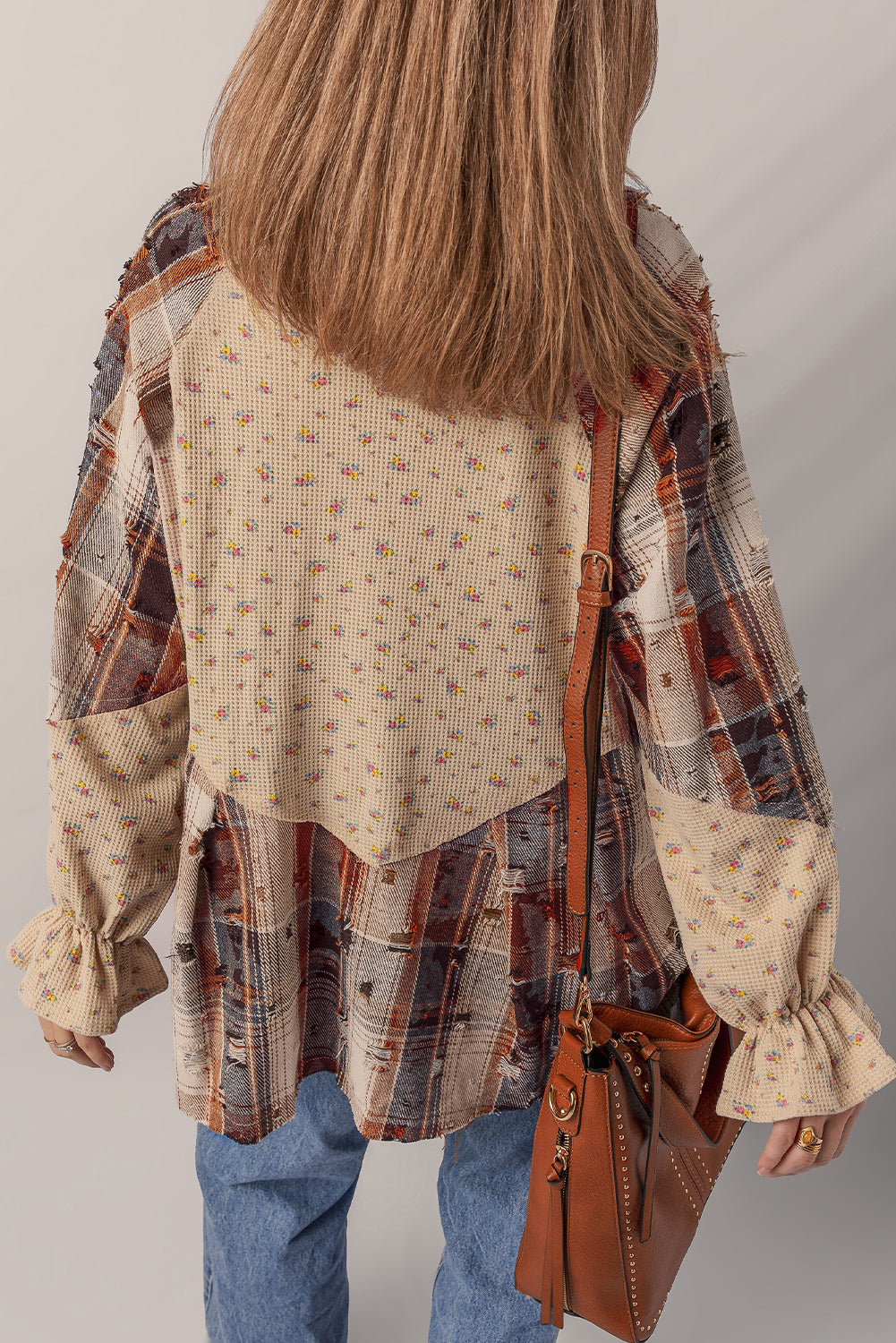 Ashleigh Blue Boho Floral Plaid Patchwork Distressed Detail Ruffled Sleeve Waffle Knit Shacket