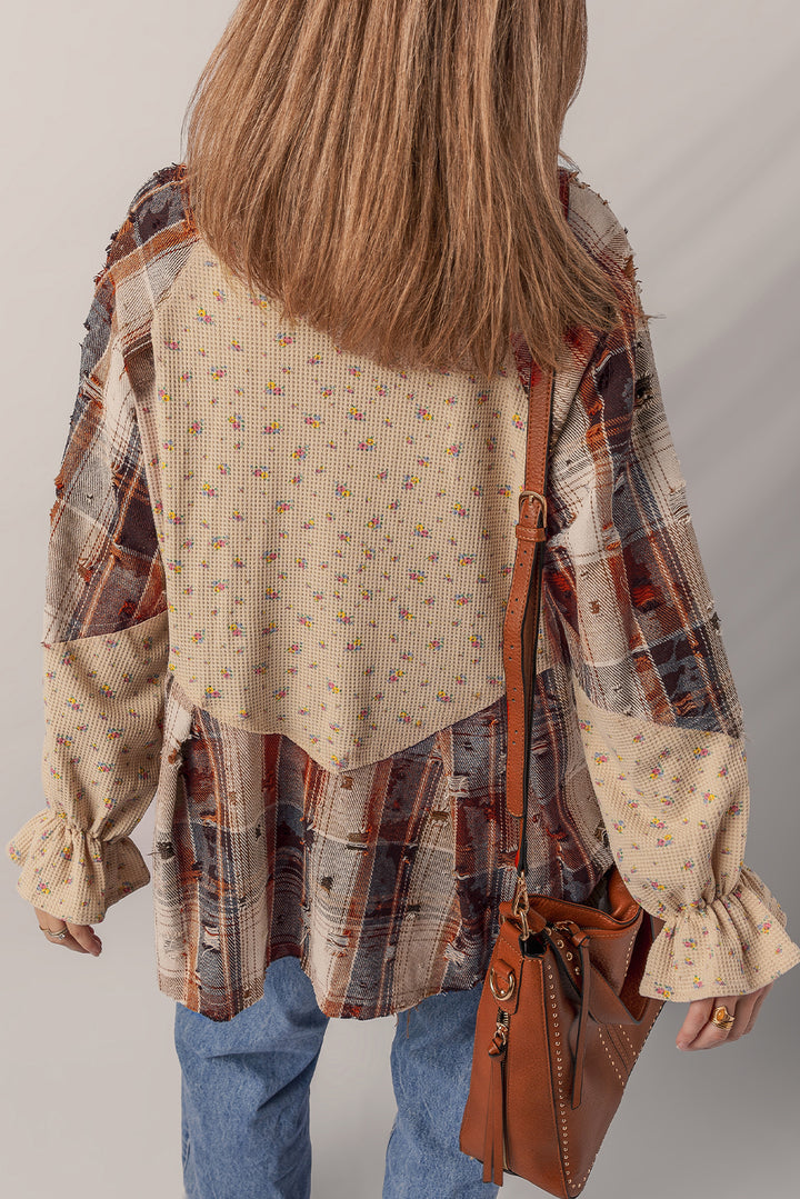 Ashleigh Blue Boho Floral Plaid Patchwork Distressed Detail Ruffled Sleeve Waffle Knit Shacket