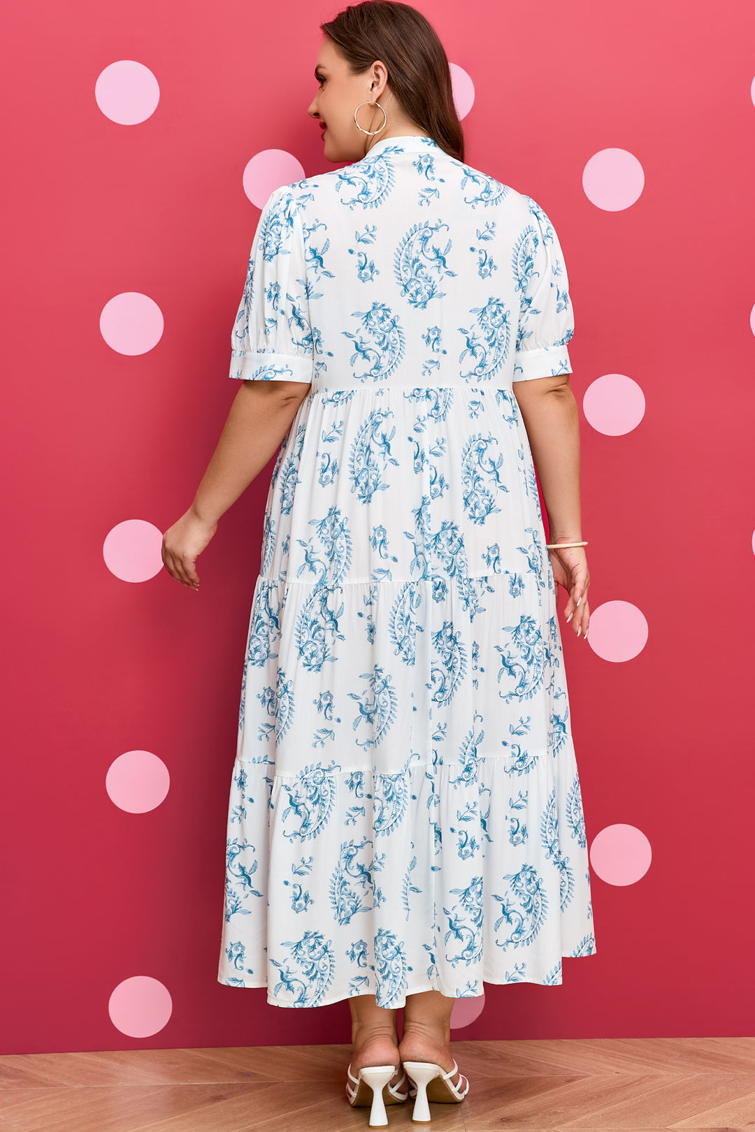 Sky Blue Plus Size Geometric Floral Print Button Split Neck Short Sleeve Maxi Dress