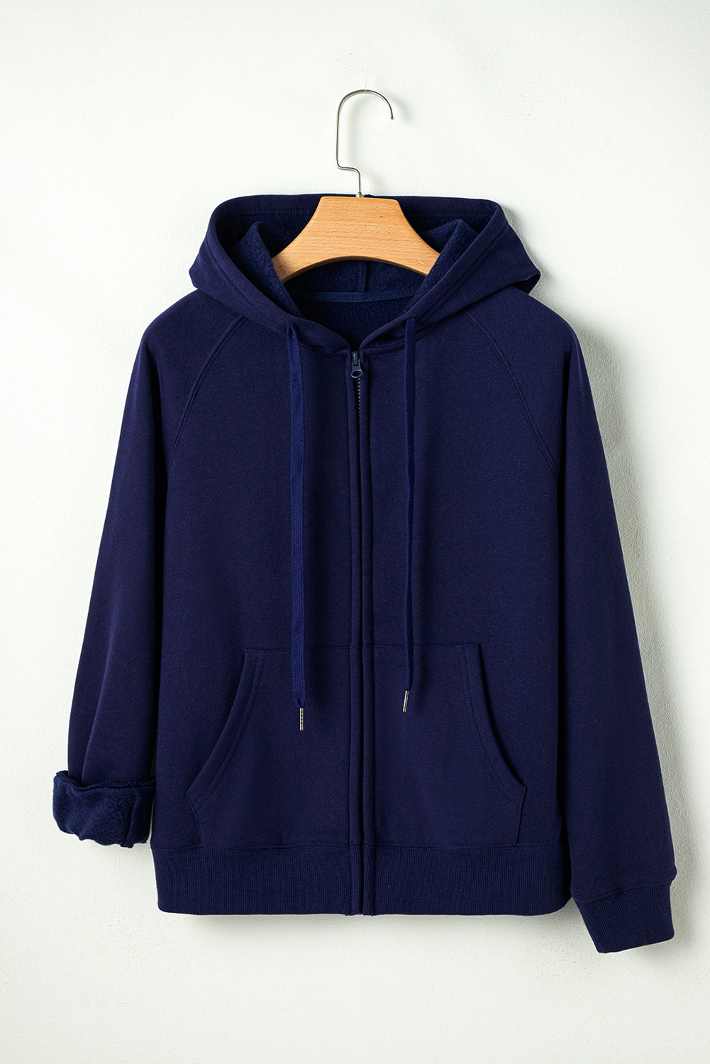 Sweat à capuche zippé doublé polaire bleu marine uni