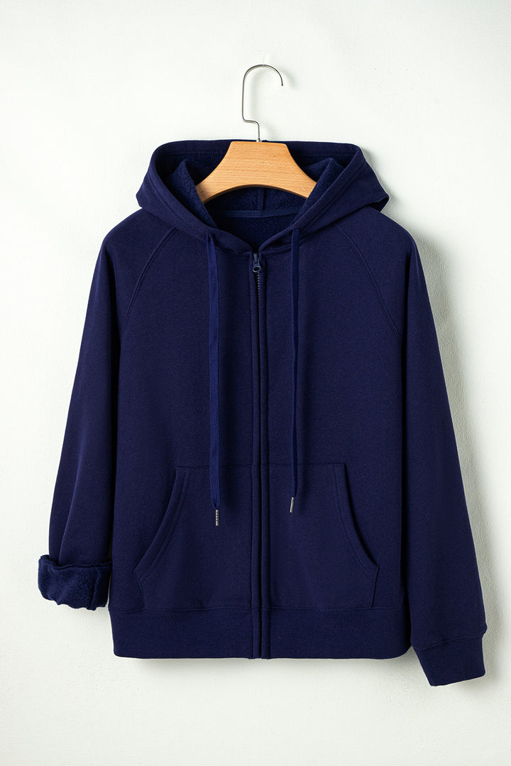 Sweat à capuche zippé doublé polaire bleu marine uni