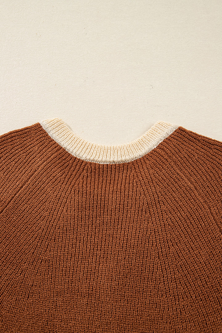 Chestnut Contrast Knit V Neckline Short Cardigan