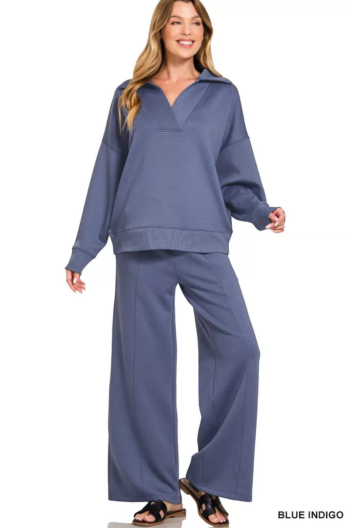 Zenana Scuba Collared Pullover & Center Seam Pants Set