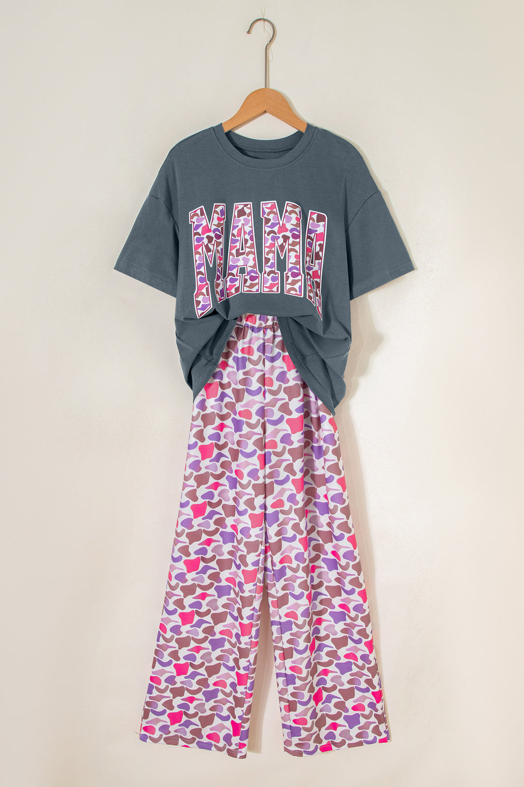Medium Grey MAMA Letter Graphic Tee Camouflage Print Loose Pant Set