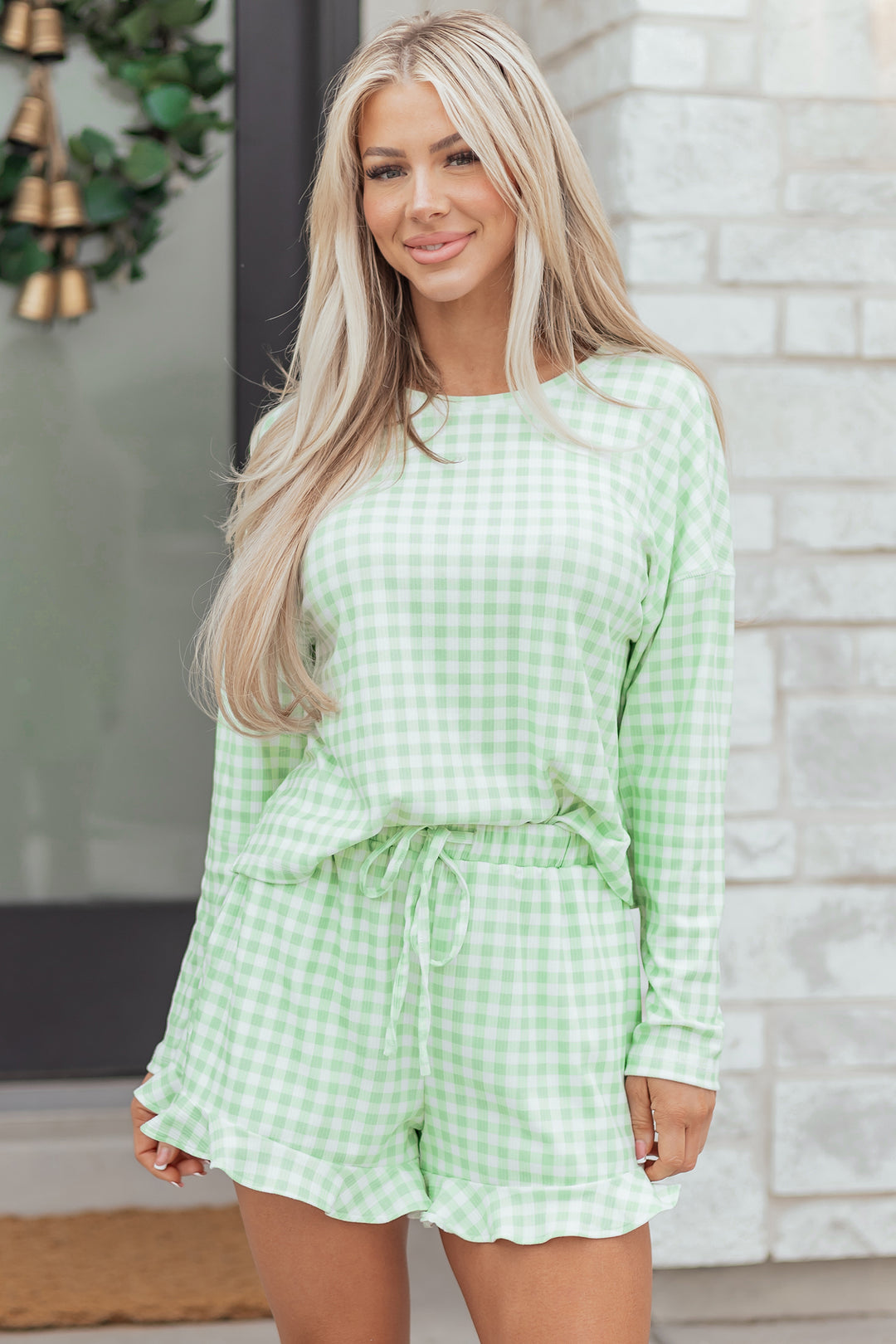 Green Gingham Long Sleeve Loose Top Drawstring Shorts 2pcs Lounge Set