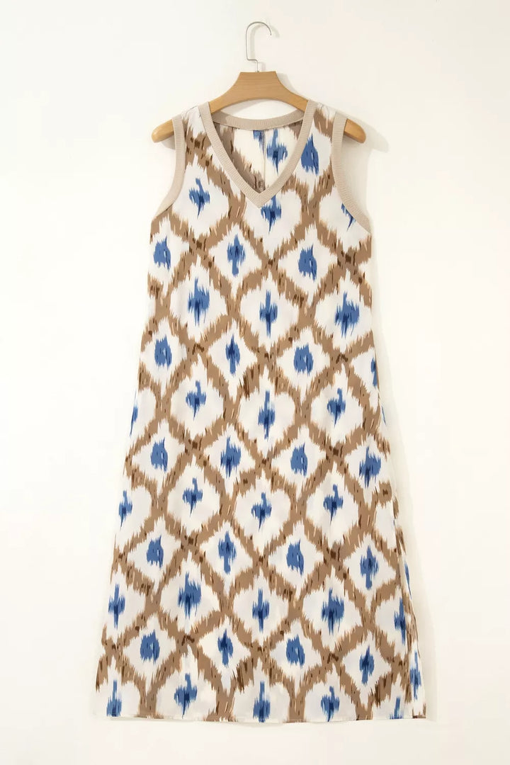 Abstract Print V Neck Sleeveless Midi Dress