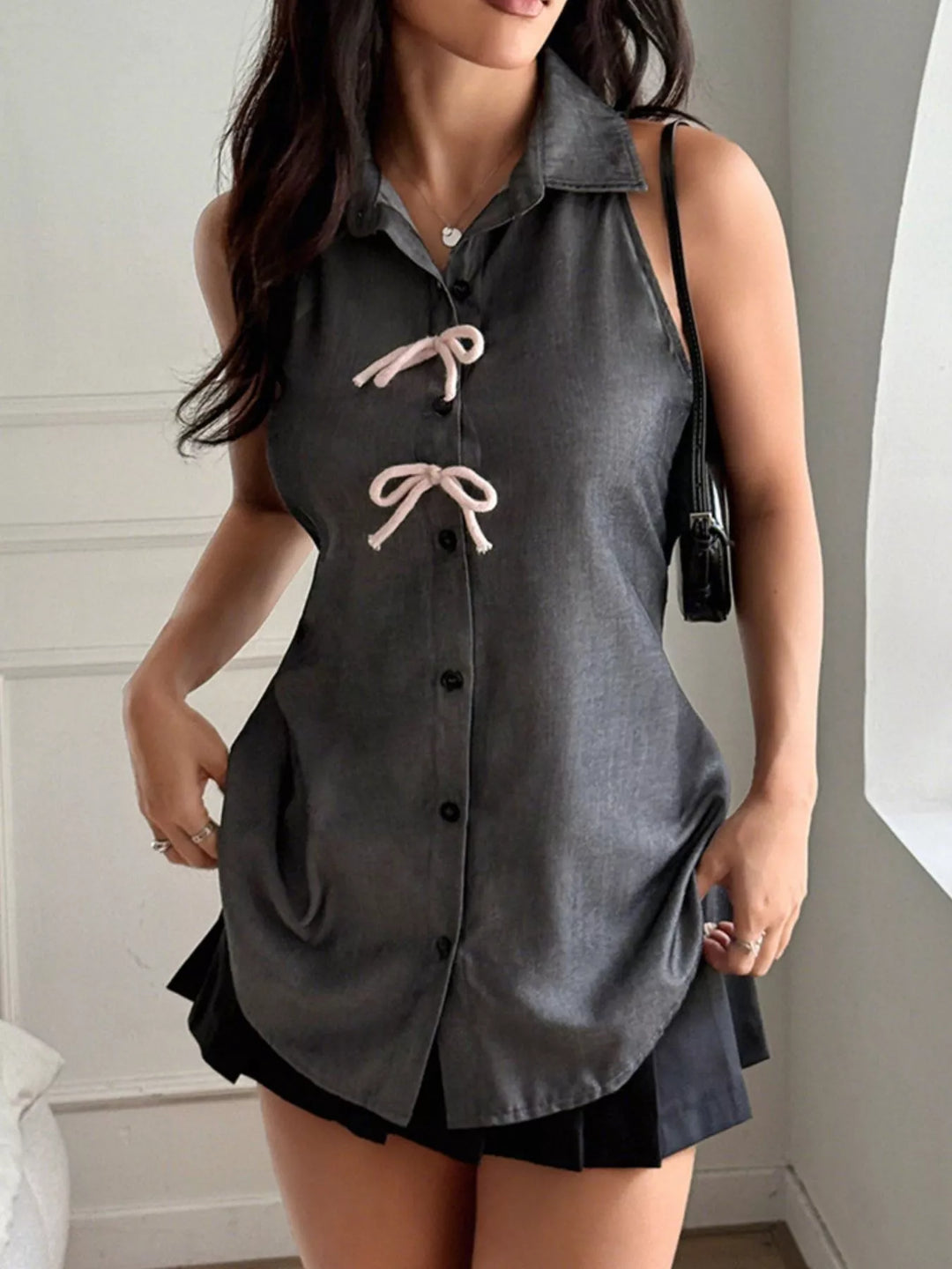 Button Down Sleeveless Shirt with Bowknot