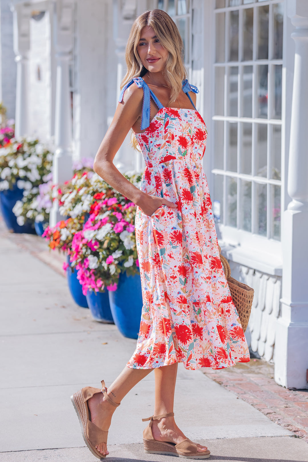 Red Floral Print Contrast Stitched Knot Denim Straps High Waist Dress