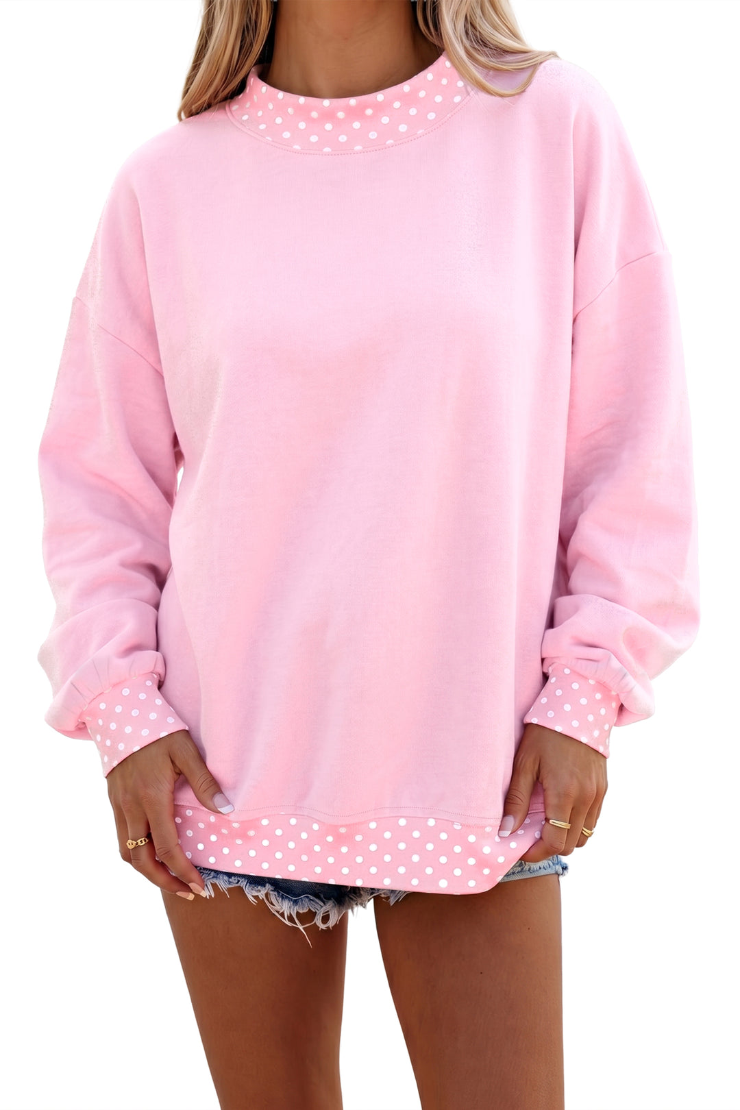 Brown Colorblock Polka Dot Contrast Trim Oversized Sweatshirt