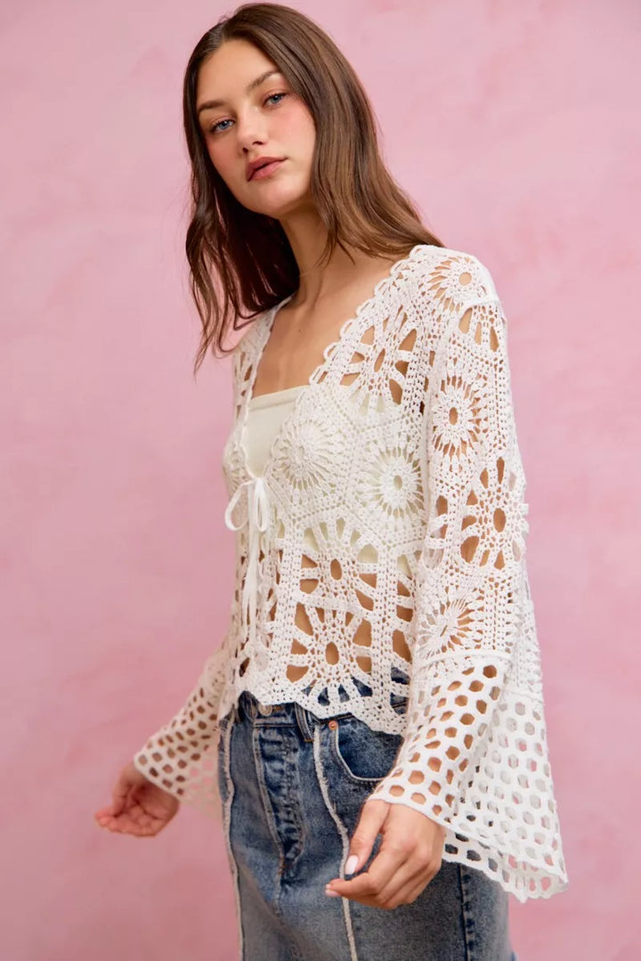 SO ME Floral Pattern Crochet Knit Tie Front Crop Cardigan