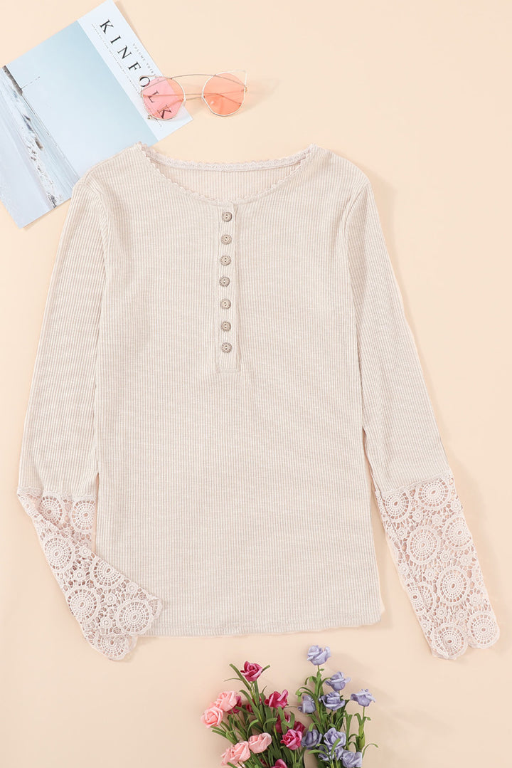 Beige Crochet Lace Hem Sleeve Button Top