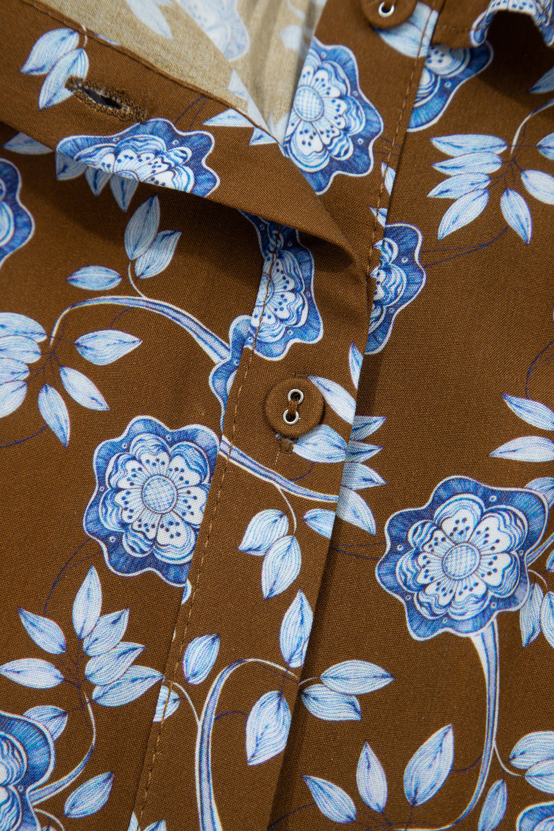 Brown Floral Print Ruffled Detail Shirt Collar Button Down Long Sleeve Dress