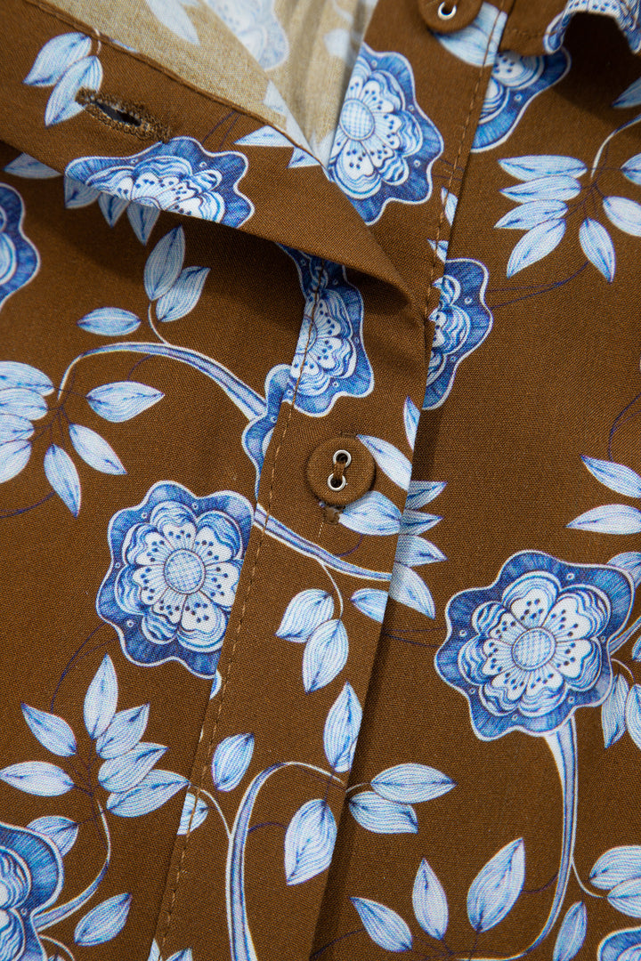 Brown Floral Print Ruffled Detail Shirt Collar Button Down Long Sleeve Dress