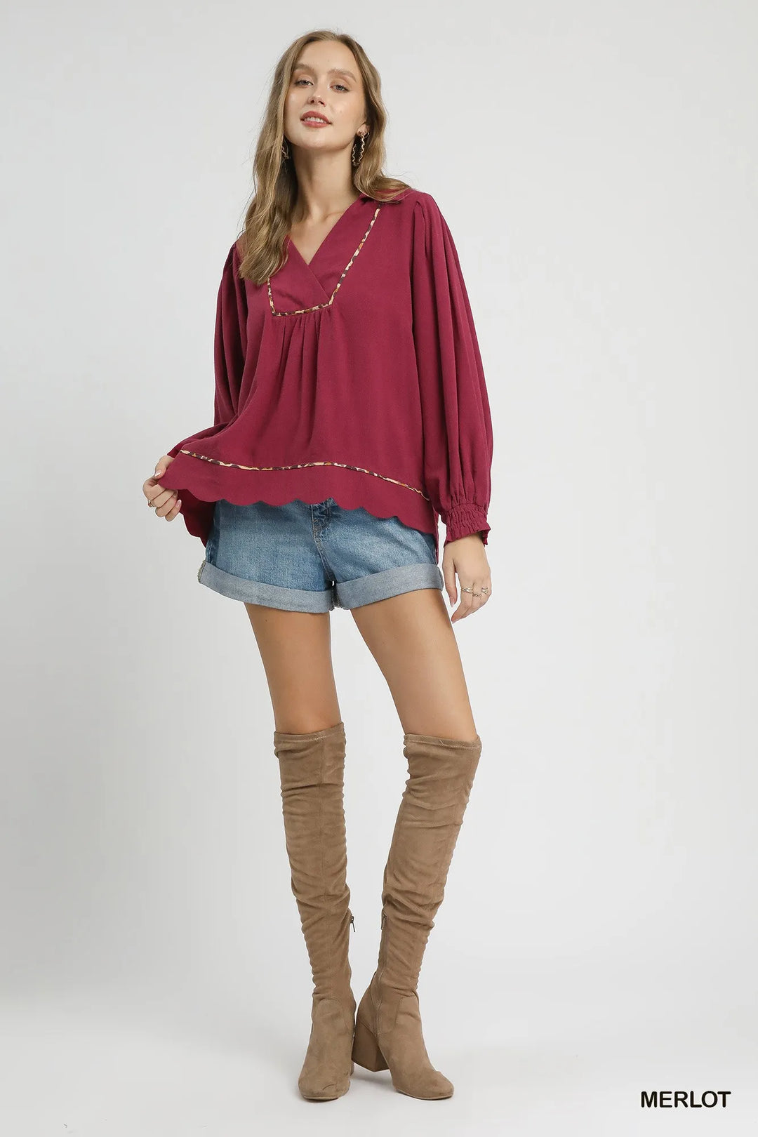 Umgee Full Size Linen Scallop Hem Blouse with Contrast Trim Plus Size