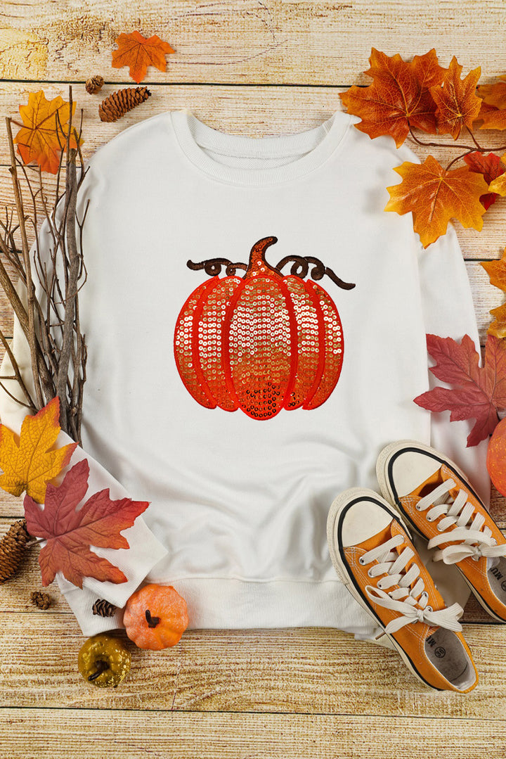 White Sequin Pumpkin Patched Casual Pullover Graphic Sweatshirt