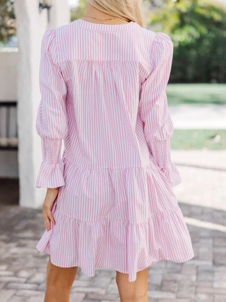 Striped Tiered Flounce Sleeve Shirt Dress