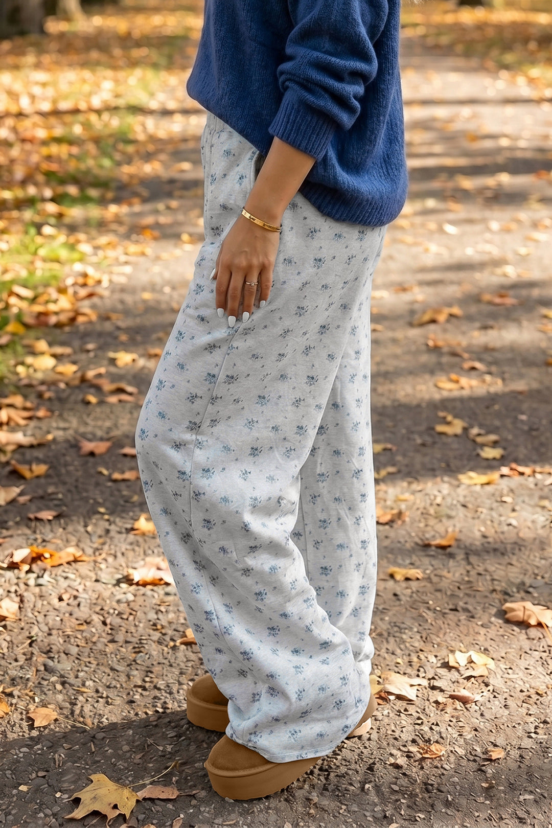 Gray Floral Print Elastic Waist Full Length Regular Pants