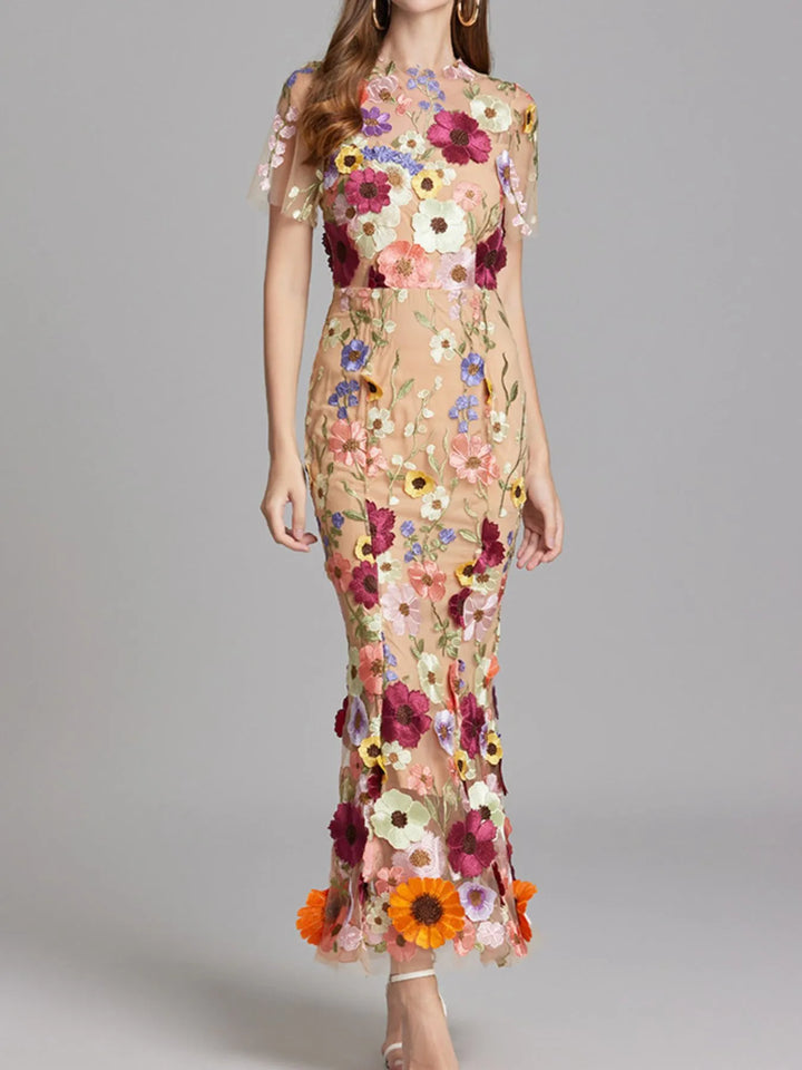 Floral Embroidered Mesh Overlay Maxi Dress