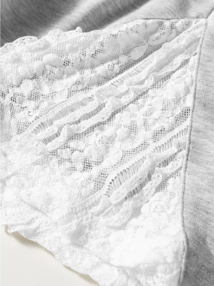Lace Patchwork Drop Shoulder Top and Drawstring Skort 2pcs Outfit