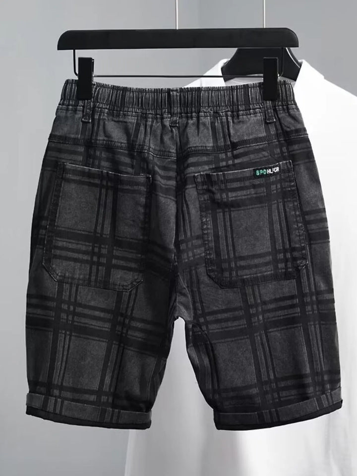Men's Plus Size Plaid Pattern Elastic Waist Denim Shorts