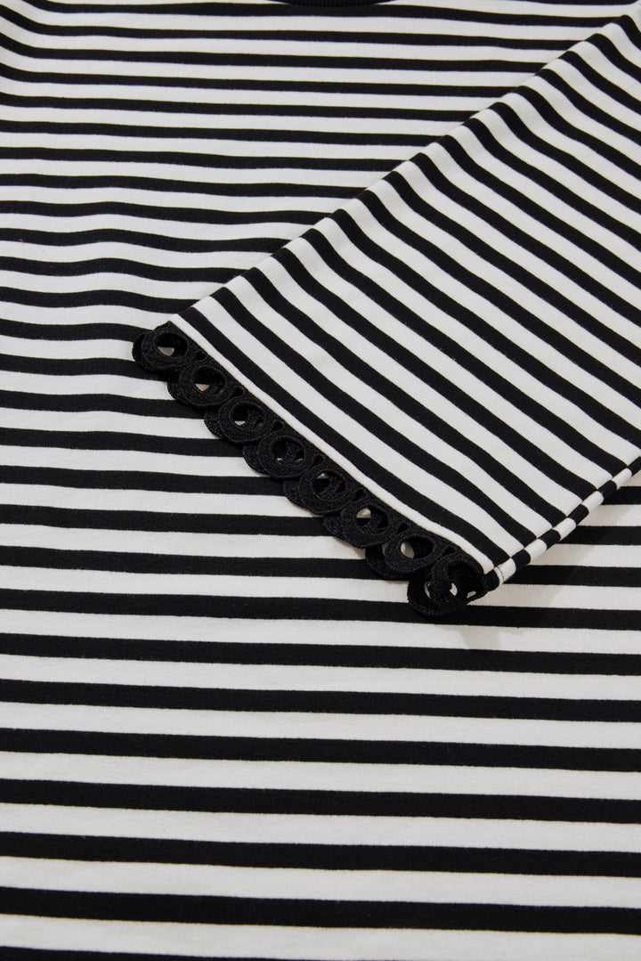 Black Striped Print Drop Shoulder Lace Trim Bracelet Sleeve Loose Top