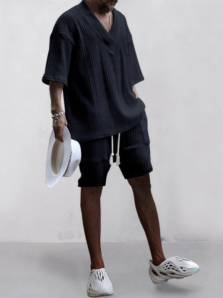 Men's Full Size Casual Knit V-Neck Short Sleeve Top and Shorts Set Plus Size