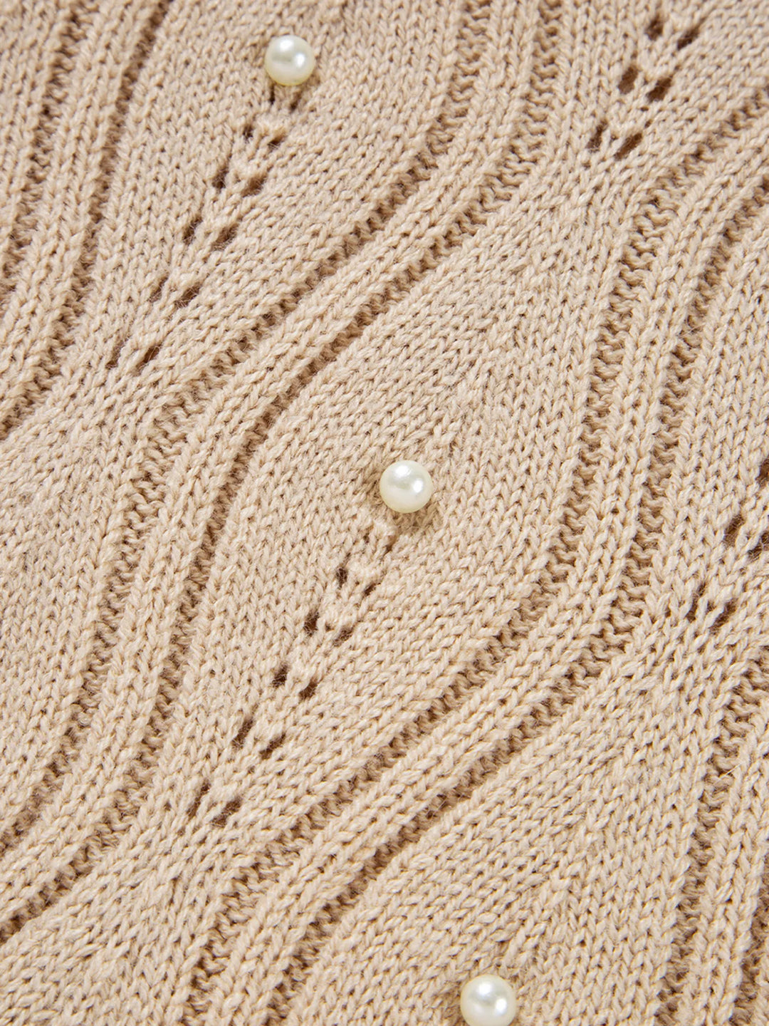 Pearl Beaded Pointelle Knit V Neck Lace Patchwork Sleeve Sweater