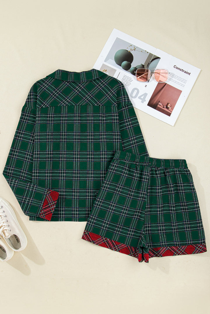Green Plaid Contrast Patched Christmas Holiday Long Sleeve Shirt and Short 2pcs Pajama Set