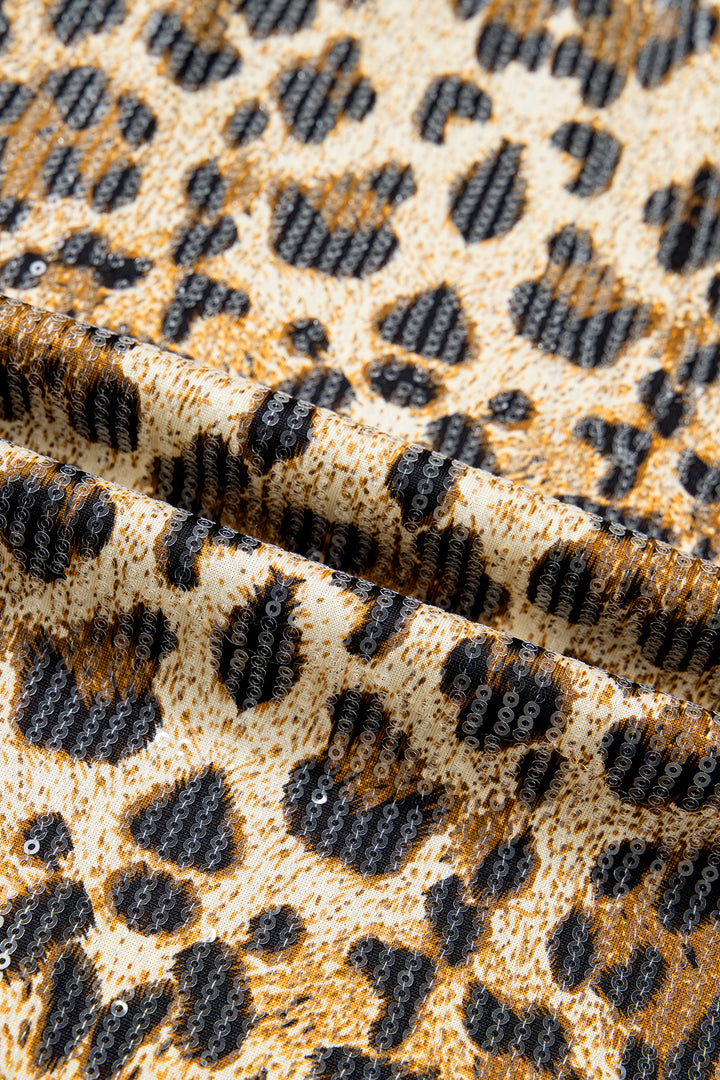 Brown Sequin Leopard Pattern Short Sleeve Top