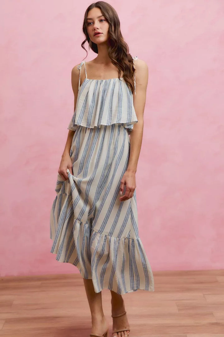 SO ME Stripe Tiered Shoulder Tie Midi Lined Dress