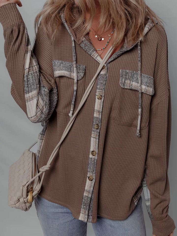 Plaid Patchwork Button Down Drawstring Hooded Shacket