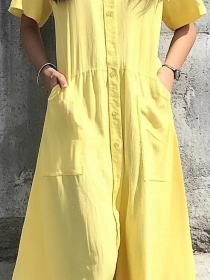 Button Front Short Sleeve Midi Dress